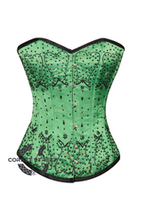 Green Satin Black Sequins Gothic Burlesque Bustier Waist Training Overbust Corset Costume